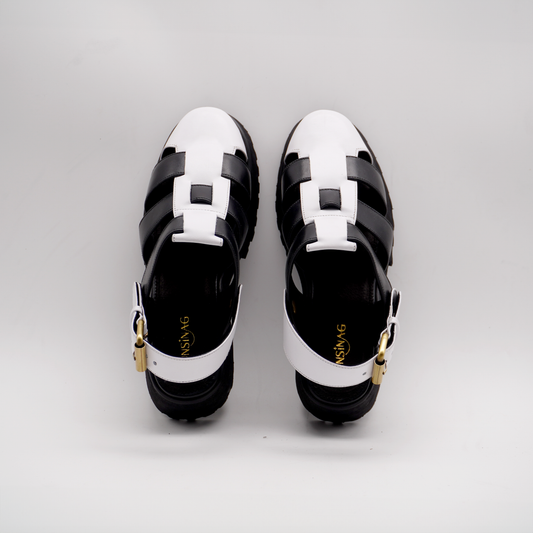 Evy Fisherman Mules (White & Black)